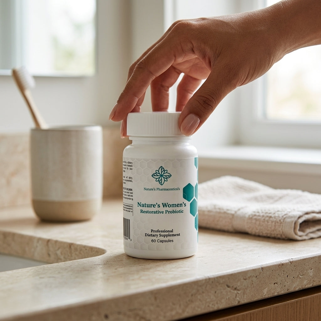 Hand opening a supplement bottle labeled 'Nature's Women's Restorative Probiotic' on a kitchen counter.