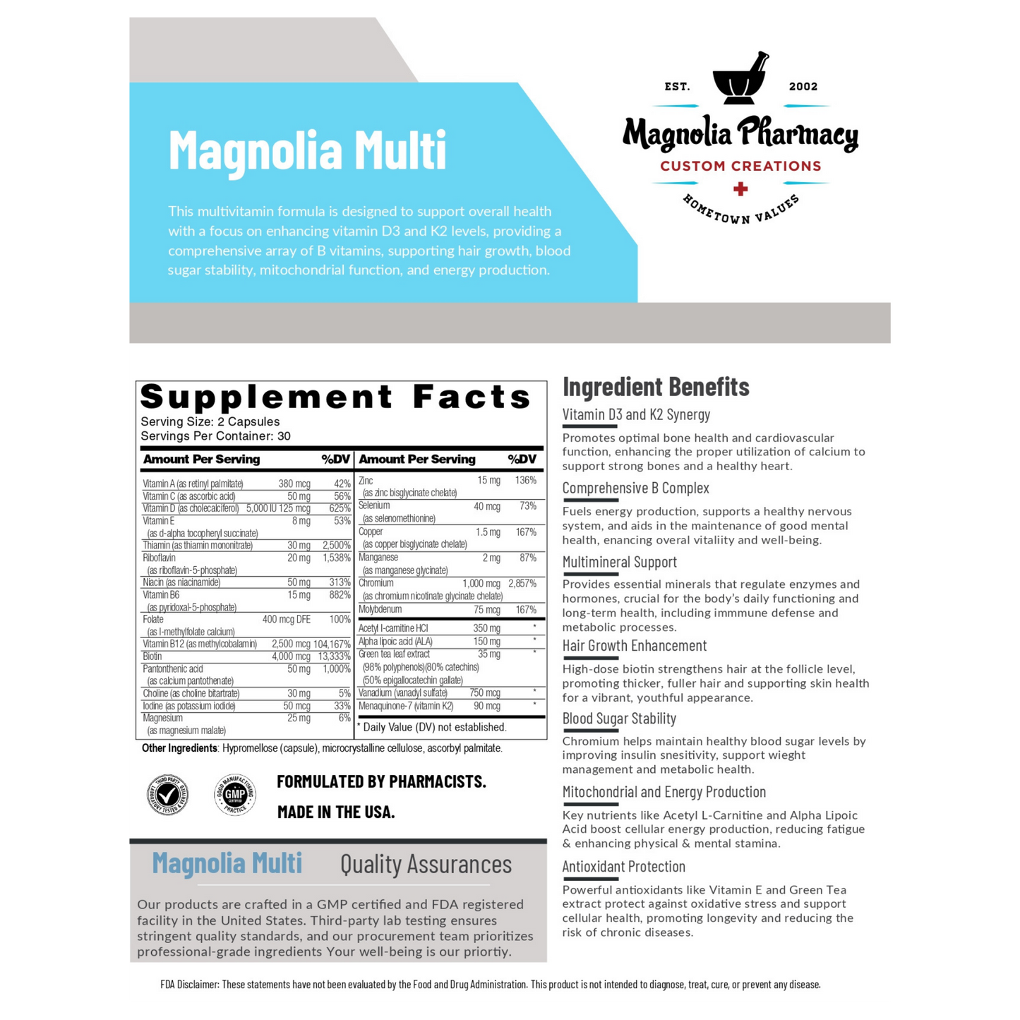 Supplement label for Magnolia Multi from Magnolia Pharmacy with supplement facts and ingredient benefits.