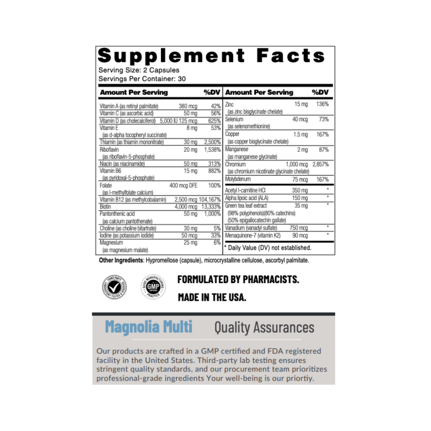 Supplement facts label with detailed nutritional information on a white background